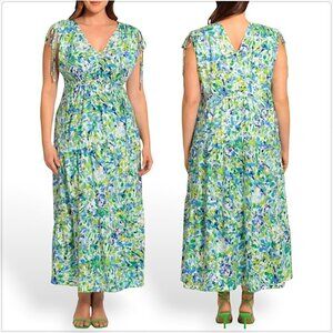 Maggy London White Aqua Floral Print Maxi Shoulder Gather Dress NEW NWT 18